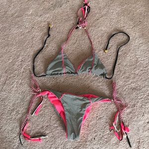 Beach Bunny Pink/Black Striped Bikini Sz L